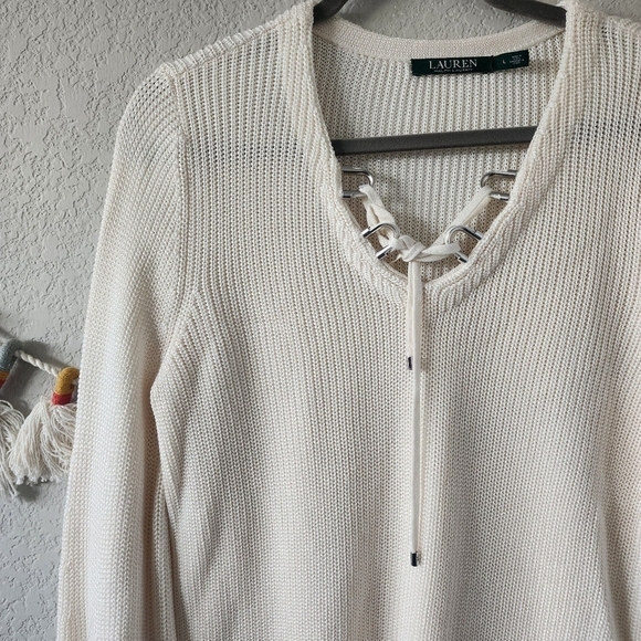 Lauren Ralph Lauren Open Knit Drop Shoulder Ivory Lace Up Sweater Neutral Cozy L - Picture 4 of 12